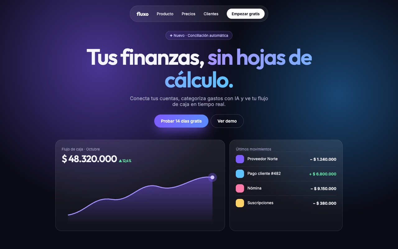 Captura de la página web de Fluxo en escritorio